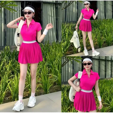 Bộ đồ thể thao nữ áo polo cổ bẻ tay ngắn chân váy xếp ly dáng xòe vải poly co giãn thoáng mát