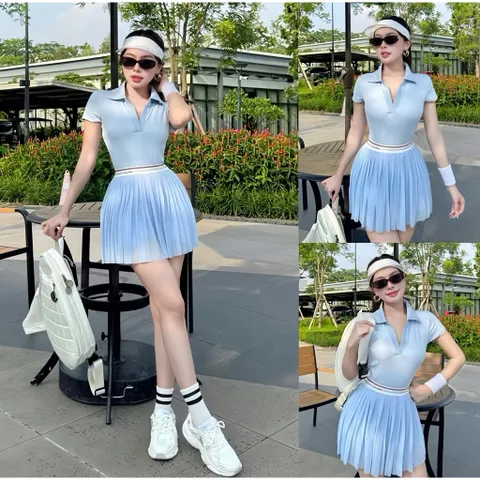 Bộ đồ thể thao nữ áo polo cổ bẻ tay ngắn chân váy xếp ly dáng xòe vải poly co giãn thoáng mát