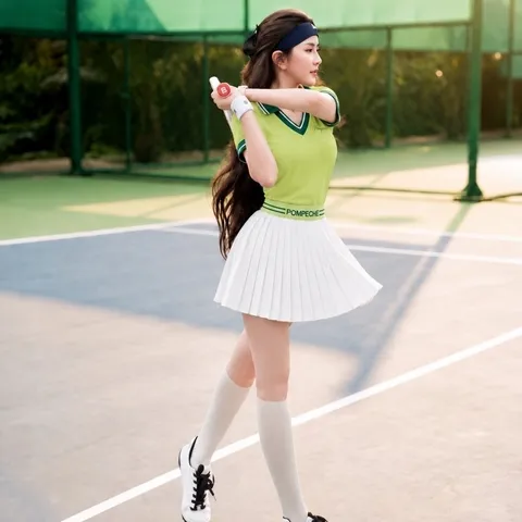 Set thể thao nữ thun lạnh áo cổ V phối chân váy xếp ly, co giãn thoáng mát chơi tennis