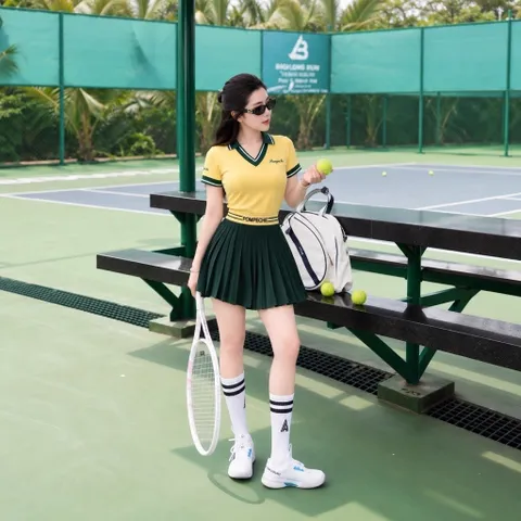 Set thể thao nữ thun lạnh áo cổ V phối chân váy xếp ly, co giãn thoáng mát chơi tennis