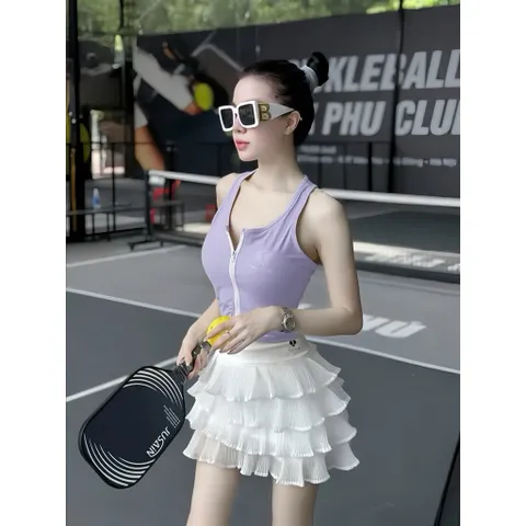 Set thể thao nữ POMPECHE áo croptop khóa kéo chân váy xếp tầng thun lạnh co giãn kèm đệm mút