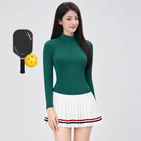 Set thể thao nữ Pickleball thun lạnh áo dài tay ôm dáng cổ khóa chân váy xếp ly viền sọc