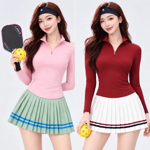 Set thể thao nữ Pickleball thun lạnh áo dài tay ôm dáng cổ khóa chân váy xếp ly viền sọc