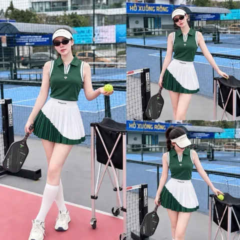 Set thể thao nữ polo sát nách phối chân váy xếp ly, co giãn thoáng mát chơi pickleball tennis