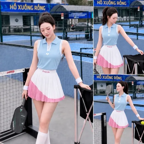 Set thể thao nữ polo sát nách phối chân váy xếp ly, co giãn thoáng mát chơi pickleball tennis