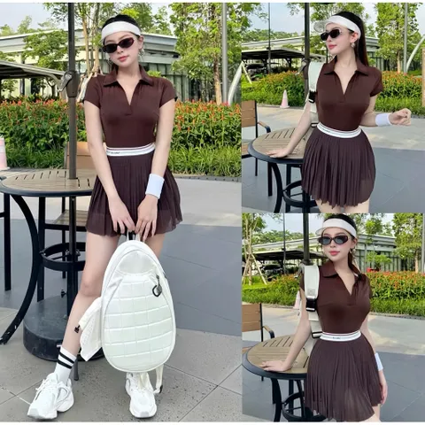 Bộ đồ thể thao nữ áo polo cổ bẻ tay ngắn chân váy xếp ly dáng xòe vải poly co giãn thoáng mát
