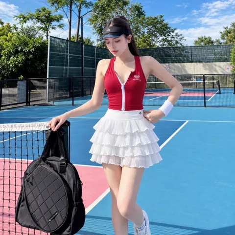 Set thể thao nữ POMPECHE áo croptop khóa kéo chân váy xếp tầng thun lạnh co giãn kèm đệm mút