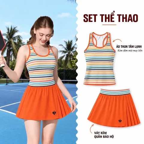 Set thể thao nữ áo ba lỗ tăm lạnh sọc màu có đệm ngực, chân váy cam kèm quần bảo hộ