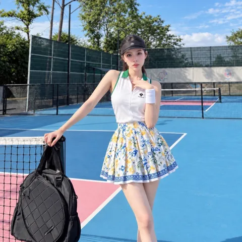 Set thể thao nữ thời trang áo polo sát nách phối chân váy xếp ly họa tiết hoa, co giãn thoáng mát