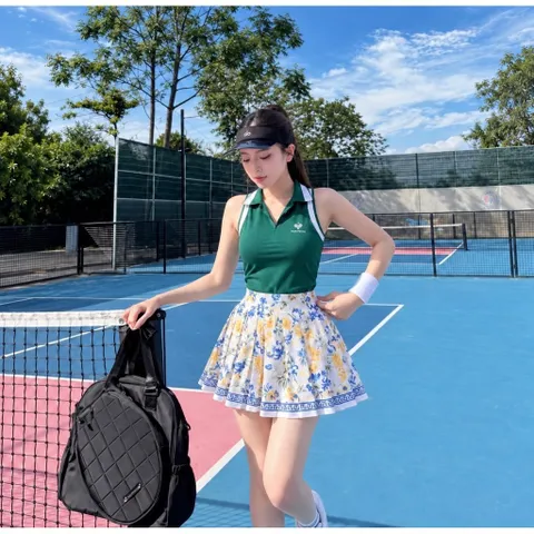 Set thể thao nữ thời trang áo polo sát nách phối chân váy xếp ly họa tiết hoa, co giãn thoáng mát