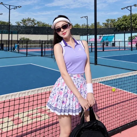 Set thể thao nữ thời trang áo polo sát nách phối chân váy xếp ly họa tiết hoa, co giãn thoáng mát