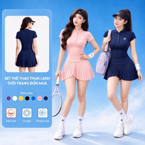 Set thể thao nữ thun lạnh áo cổ trụ chân váy xếp ly dáng ôm co giãn mặc tennis
