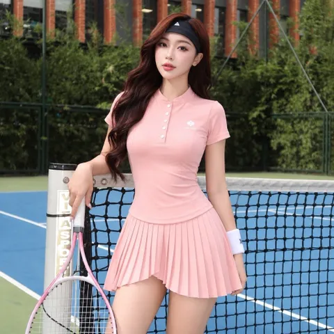 Set thể thao nữ thun lạnh áo cổ trụ chân váy xếp ly dáng ôm co giãn mặc tennis