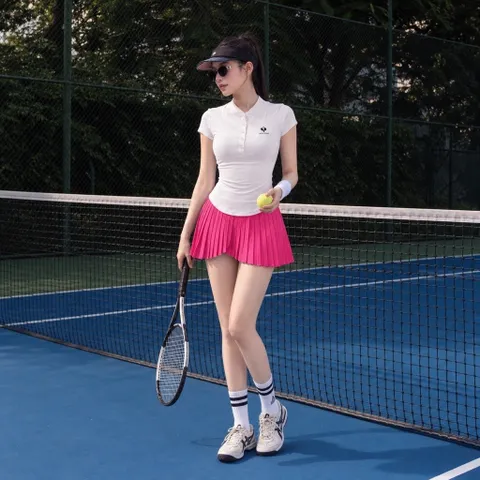 Set thể thao nữ thun lạnh áo cổ trụ chân váy xếp ly dáng ôm co giãn mặc tennis