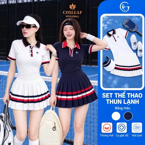 Bộ đồ thể thao nữ COSLEAF Pickleball áo polo chân váy xếp ly thun lạnh co giãn 2 màu