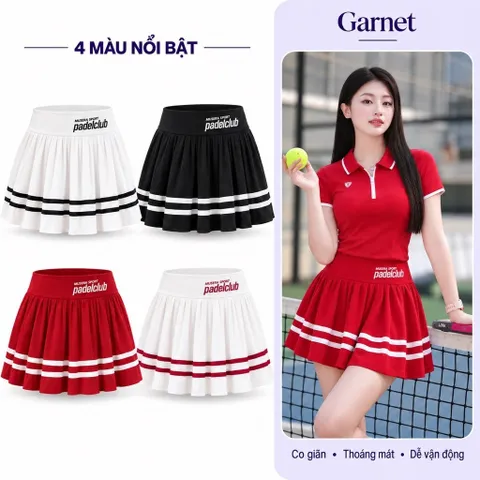 Chân váy pickleball nữ vải thun lạnh xếp ly, cạp cao co giãn, viền sọc phong cách thể thao