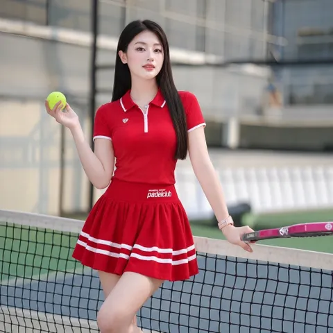 Chân váy pickleball nữ vải thun lạnh xếp ly, cạp cao co giãn, viền sọc phong cách thể thao
