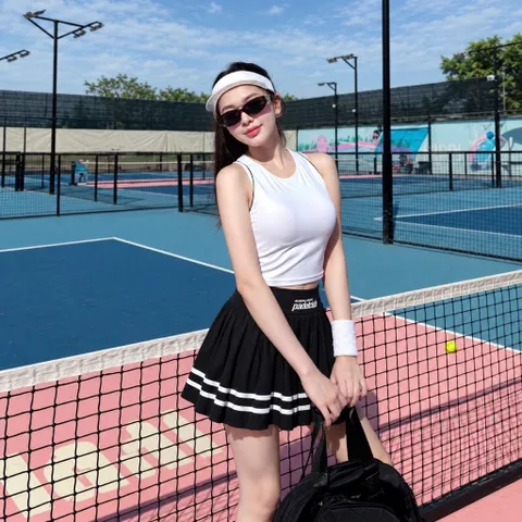 Chân váy pickleball nữ vải thun lạnh xếp ly, cạp cao co giãn, viền sọc phong cách thể thao