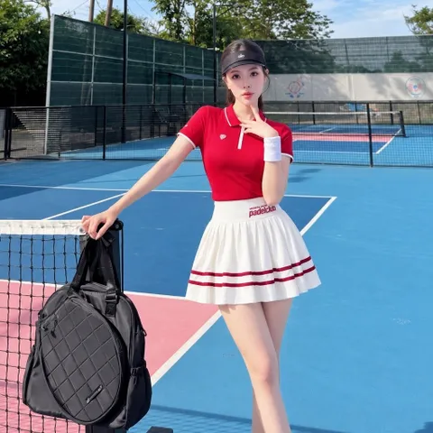 Chân váy pickleball nữ vải thun lạnh xếp ly, cạp cao co giãn, viền sọc phong cách thể thao