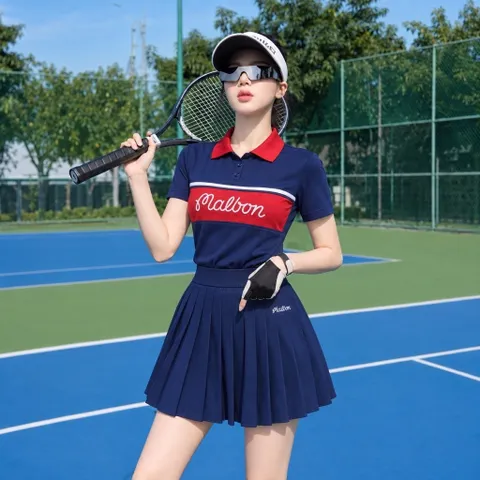 Set thể thao nữ Malbon Golf áo polo phối màu chân váy xếp ly phong cách golf tennis trẻ trung