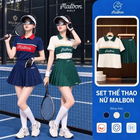 Set thể thao nữ Malbon Golf áo polo phối màu chân váy xếp ly phong cách golf tennis trẻ trung
