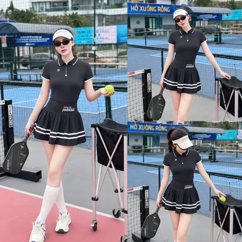 Chân váy pickleball nữ vải thun lạnh xếp ly, cạp cao co giãn, viền sọc phong cách thể thao