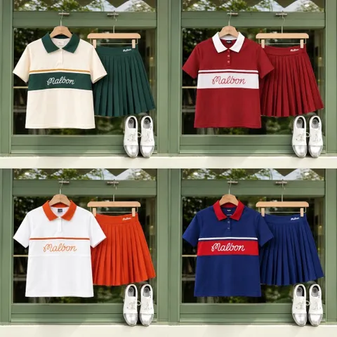 Set thể thao nữ Malbon Golf áo polo phối màu chân váy xếp ly phong cách golf tennis trẻ trung