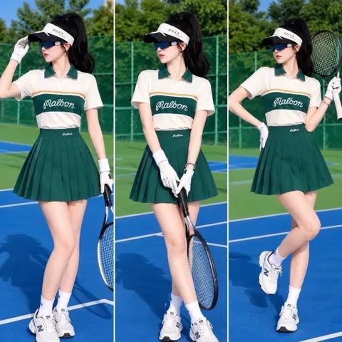 Set thể thao nữ Malbon Golf áo polo phối màu chân váy xếp ly phong cách golf tennis trẻ trung