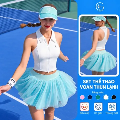 Bộ Thể Thao Nữ Pickleball Thun Lulu Áo Croptop Sát Nách Phối Chân Váy Xếp Ly Thoáng Mát