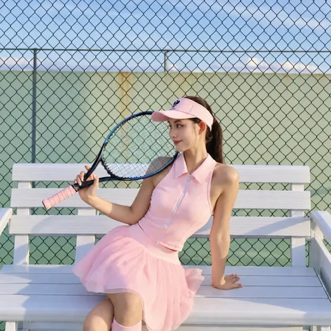 Bộ Thể Thao Nữ Pickleball Thun Lulu Áo Croptop Sát Nách Phối Chân Váy Xếp Ly Thoáng Mát