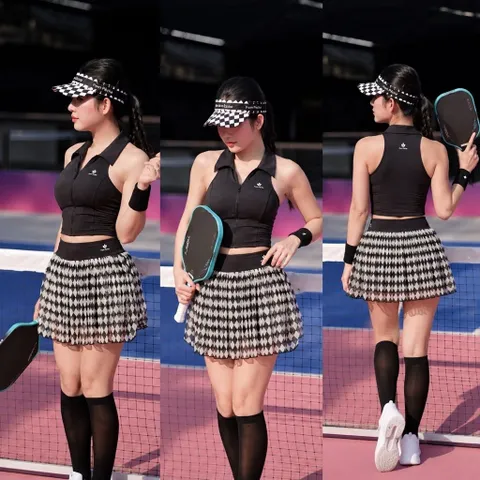 Bộ Thể Thao Nữ Pickleball Thun Lulu Áo Croptop Sát Nách Phối Chân Váy Xếp Ly Thoáng Mát