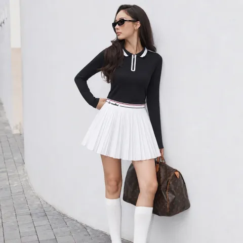 Set thể thao nữ Garnet áo polo dài tay thun lulu, chân váy xếp ly kèm quần bảo hộ chơi Tennis, Pickleball, Golf