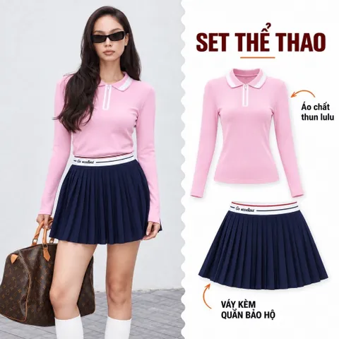 Set thể thao nữ Garnet áo polo dài tay thun lulu, chân váy xếp ly kèm quần bảo hộ chơi Tennis, Pickleball, Golf