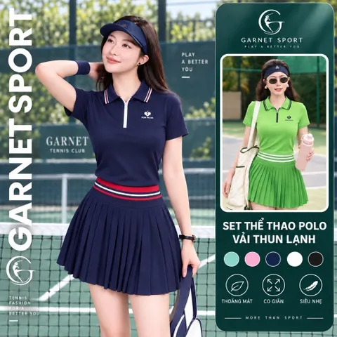 Set thể thao nữ GARNET áo polo chân váy xếp ly vải thun lạnh co giãn thoáng mát chơi tennis