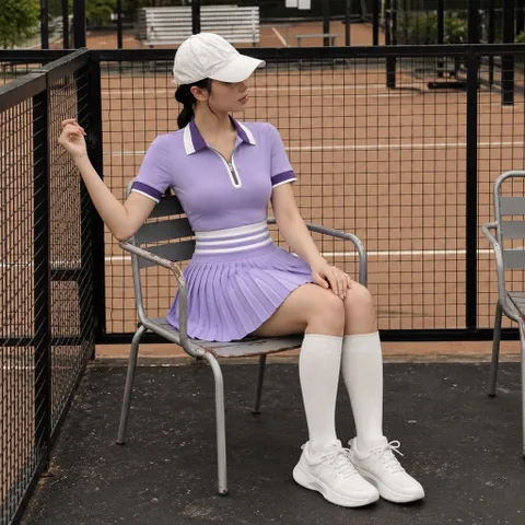 Set thể thao nữ Pickleball áo polo cổ khóa kéo phối màu kèm chân váy xếp ly quần bảo hộ vải thun lulu