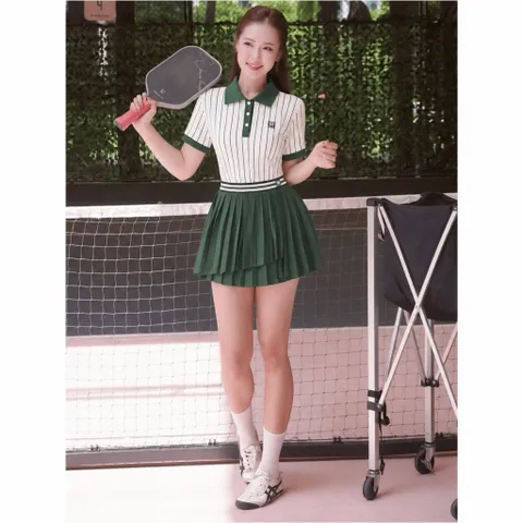 Set áo polo nữ Tennis, Golf vải thun lạnh sọc dọc, cổ bẻ tay ngắn phong cách thể thao 3 màu