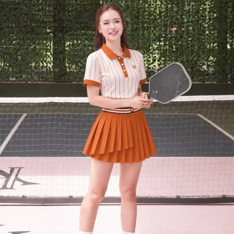 Set áo polo nữ Tennis, Golf vải thun lạnh sọc dọc, cổ bẻ tay ngắn phong cách thể thao 3 màu