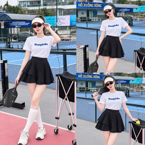 Set thể thao nữ Pompêche thun lạnh áo ngắn tay chân váy xếp ly chơi tennis pickleball cầu lông