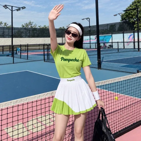 Set thể thao nữ Pompêche thun lạnh áo ngắn tay chân váy xếp ly chơi tennis pickleball cầu lông