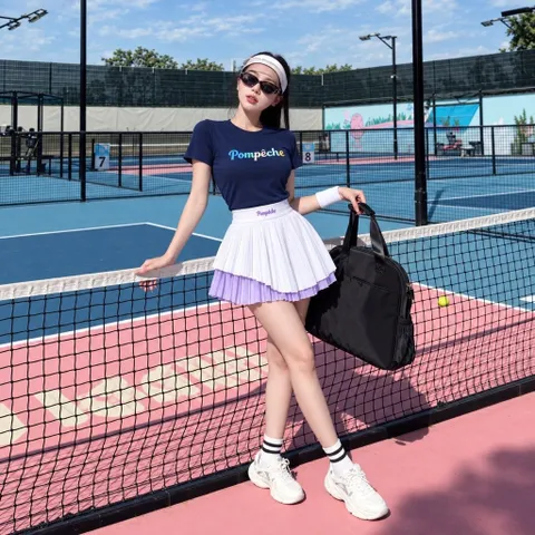 Set thể thao nữ Pompêche thun lạnh áo ngắn tay chân váy xếp ly chơi tennis pickleball cầu lông