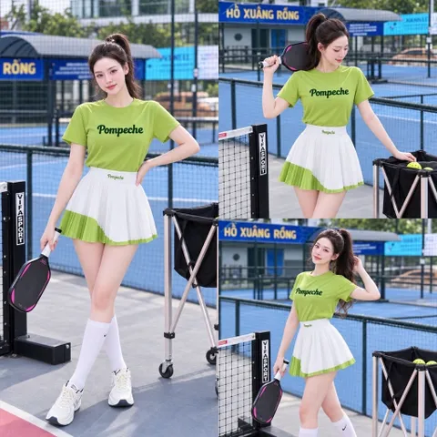 Set thể thao nữ Pompêche thun lạnh áo ngắn tay chân váy xếp ly chơi tennis pickleball cầu lông