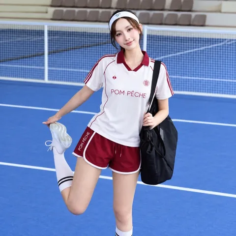 Bộ đùi thể thao nữ POM PÊCHE áo cổ bẻ tay ngắn quần short viền màu co giãn thoáng mát