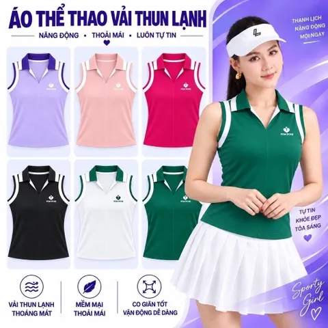 Áo polo thể thao nữ POMPECHE sát nách phối viền, chất vải co giãn thoáng mát dùng chơi golf tennis
