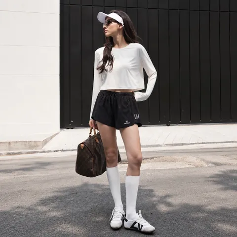 Quần short thể thao nữ vải gió 2 lớp có quần bảo hộ, túi khóa kéo, chạy bộ tập gym thoáng mát