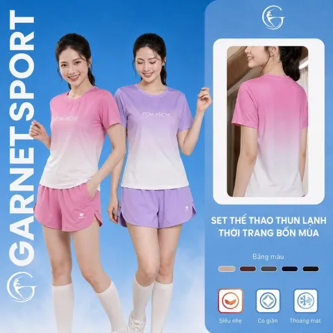 Bộ đùi thể thao nữ Garnet thun lạnh áo cộc tay phối màu ombre co giãn thoáng mát mặc tập gym tennis cầu lông