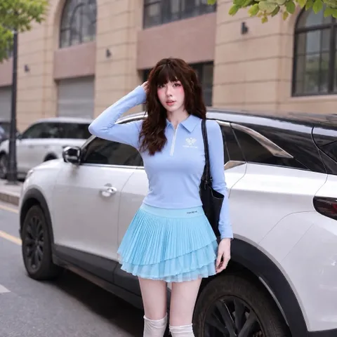 Set thể thao nữ thu đông Pom Peche áo polo dài tay khóa kéo chân váy tennis xếp ly