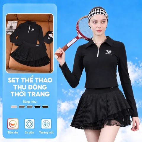 Set thể thao nữ thu đông Pom Peche áo polo dài tay khóa kéo chân váy tennis xếp ly