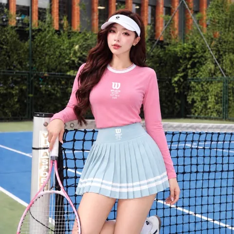 Set thể thao nữ dài tay GARNET thun lạnh co giãn, áo cổ tròn phối chân váy xếp ly phong cách tennis