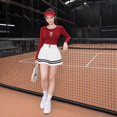 Set thể thao nữ dài tay GARNET thun lạnh co giãn, áo cổ tròn phối chân váy xếp ly phong cách tennis