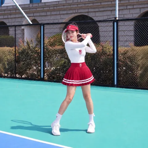 Set thể thao nữ dài tay GARNET thun lạnh co giãn, áo cổ tròn phối chân váy xếp ly phong cách tennis